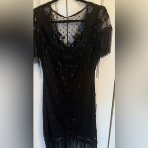 Unique Vintage Black Sequin Fringe Dress